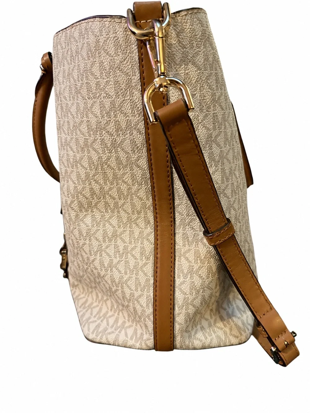 Michael Kors Ivory Logo Shoulder Bag with Brown Trim and Gold Hardware